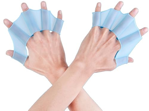 Waltonalice Schwimmhandschuhe Schwimmpaddels Hand Fingerpaddles Silikon-Handschwimmflossen Swim Glove Wassersport Handflossen Schwimmzubehör für Erwachsene und Kinder Blau(Erwachsene) L
