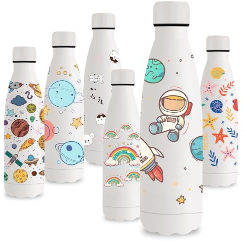 Vikastar Termisk flaska, 500 ml, BPA-fri, termosflaska för varma drycker, läckagesäker, vattenflaska för barn, rostfritt stål, för skola, sport, gym, cykling, vit och stjärna