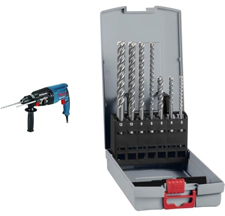 Bosch Professional 06112A3070 Rotary Hammer Drill GBH 2-26 (230 V, SDS Plus, 830 W), Navy Blue + 7X PRO SDS plus-5X Hammer Drill Bit Set (for Concrete, Lime and Sand Bricks, Ø 5-12 mm)