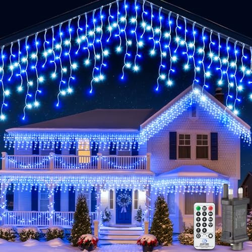 Tenda Luci Natale Esterno Cascata - 10M Catena Luminosa Esterno Blu e Bianco fredda con Telecomando Timer IP44 Impermeabili 8 Modalità Decorazioni Natalizie Luci Natale Esterno Cascata Balcone Casa