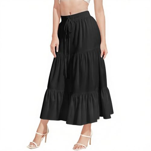DiULi Jupe Longue Femme Noir Évasée Haute Taille - Jupe Bohème Légère Été Plage Vacances Robe Longue Femme - L