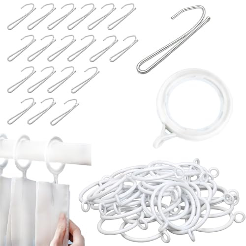 20 Stück Weiß Vorhangringe 35 mm Innendurchmesser mit 20 Metall Gardinenhaken, Gardinenringe mit Haken, Duschvorhangringe Kunststoff für Fenster Tür Duschvorhang, Gardinenhaken für Schienen (Weiß 1)