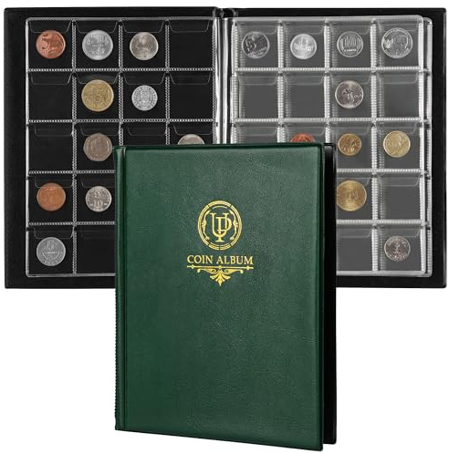 200 Pockets Coin Album - Coin Collecting Book with 10 Pages, 33x33 mm Grid Holder for Pounds Pence Cents Dollars Nickel (Green) CS48200GR