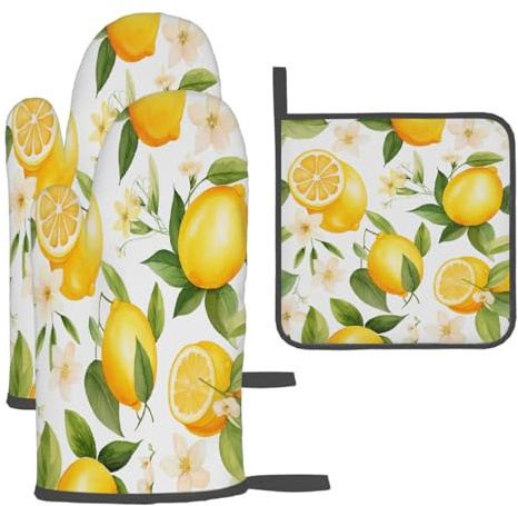 Mexpekil Potholders and Oven Gloves Heat Resistant, Lemon Flower Leaves Foral Kitchen Glove and Heat Mats 3-Piece Set, Insulated Oven Mitts for Kitchen, Baking, Cooking