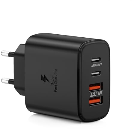 Caricatore USB C Rapido 40W 4-Porto Presa USB Multipla PD+QC 3.0 Carica Cellulare, Spina Alimentatore USBC Caricabatterie per iPhone 16 15 14 13 12 11 Pro Max Plus, Samsung, Spinotto USB Adattatore