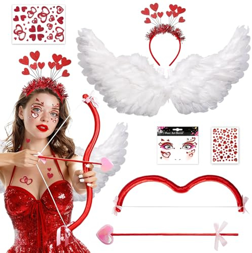 PeakPeek Amor Kostüm Damen, Faschingskostüme Damen mit Herz Haarreif Amor Pfeil und Bogen Engel Flügel Aufkleber Gesicht Karneval, Frauen Kostüm Karneval Herz Für Valentinstag Fasching