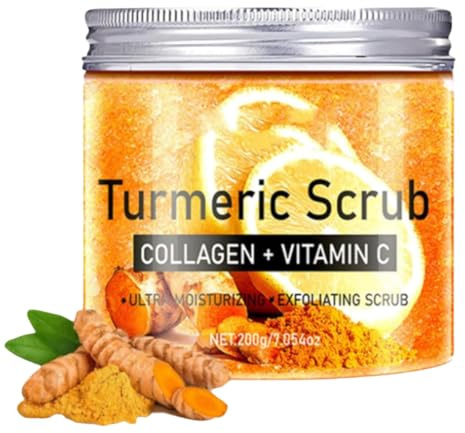 Kurkuma-Gesichts- und Körperpeeling, aufhellendes Peeling. Reinigt tiefenwirksam, hellt auf und spendet Feuchtigkeit. Pflegt die Haut sanft und sorgt für einen ebenmäßigen Hautton.