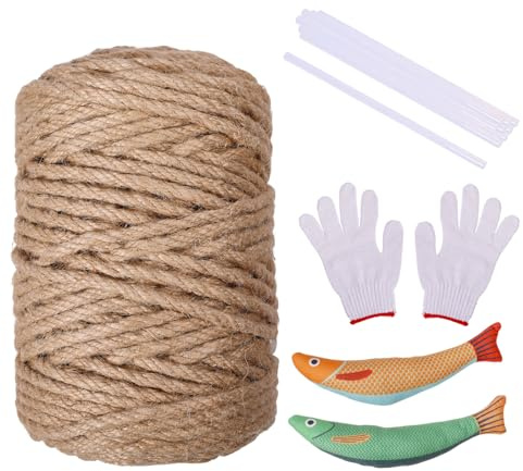 FREEBLOSS 100m Sisal Rope for Cat Scratcher 6mm DIY Sisal Rope with 2 Fish Doll, Gloves, and 10 Hot Melt Sticks for Cat Tree Scratching Post