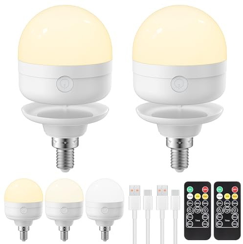 LGMCF E14 Wiederaufladbare Glühbirne, 8W, 3 Farben, Dimmbare, 2 Pack | Fernbedienung, Timing-funktion, Magnetfuß, Akku Glühbirne, LED Aufladbare Glühbirne für nicht festverdrahtete Lampen