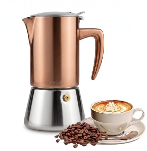 Crystals Stainless Steel Espresso Maker, 6 Cup (300ml), Copper Finish | Moka Pot, Stovetop Italian Coffee Maker, Induction, Gas & Electric Hobs, Safety Valve