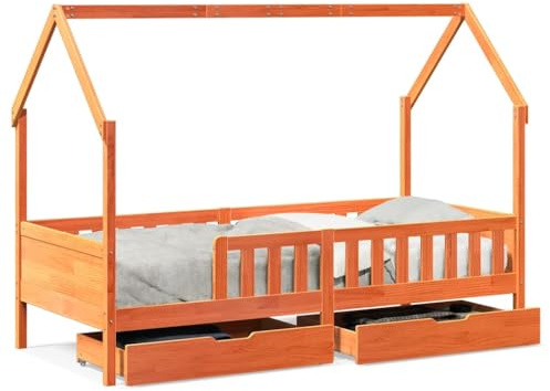 Yisssmeng Lit pour enfant 90 x 200 cm avec tiroirs, lit de jeu en pin massif avec protection anti-chute, lit pour adolescent avec sommier à lattes et 2 commodes sous le lit, marron ciré
