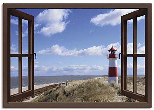 ARTLAND Wanddeko Leinwand Bilder Wandbild Fensterblick Fenster Strand Meer Maritim Düne Leuchtturm Sylt Nordsee T5SC