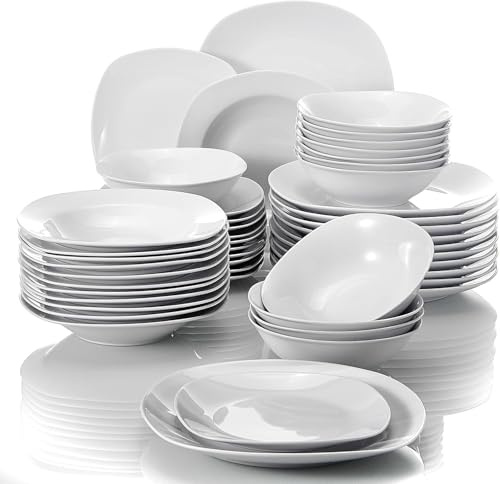 MALACASA Série ELISA, 48pcs Assiette Service de Table Porcelaine, service vaisselle pour 12 personnes, 12 Assiettes Plates, 12 Assiettes à Dessert, 12 Assiette à Soupe,12 Bols à céréales
