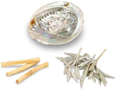 NaDeco Premium Räucherset I Weisser Salbei zum Räuchern, Palo Santo I Große Robuste Abalone-Muschel ca. 14-17cm I Räucherbündel, Material:Ohne Cobra Ständer