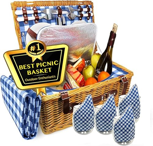 Luxuriöses Outdoor-Picknickkorb-Set für 4 Gourmet-Wein- und Käsefächer, stabiles Weiden-Design, ideal für Strand, Camping, Familienveranstaltungen und romantische Verabredungen