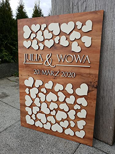 Manschin-Laserdesign Personalisiertes 3D Gästebuch mit 40-160 Herzen | aus echtem Holz | Gästebuch Alternative - (Hintergrundfarbe Nussbaum Hell)