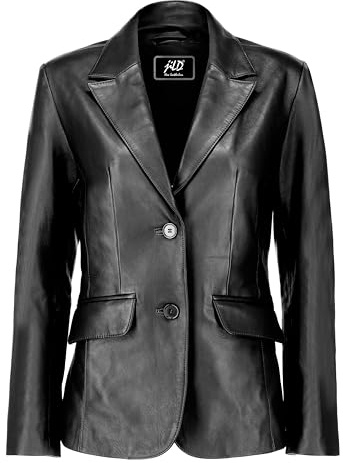 Jild Blazer classico in pelle di agnello a 2 bottoni, da donna, casual, a maniche lunghe, stile tuta, giacca in pelle da donna, Nero , XL