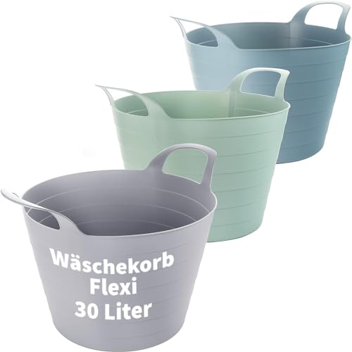 Wäschewanne Flexi, 3er Set, 45 x 40 cm, 30 Liter, Wäschekorb Plastik mit Griffen, 3 Farbe, Made in EU