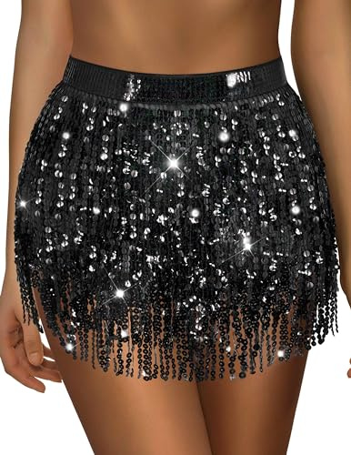 Belly Dance Skirt with Black Sparkle & Fringe
