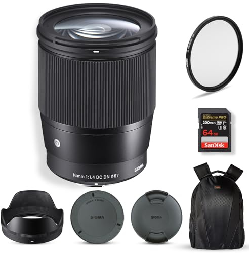 Sigma 16mm f/1.4 DC DN Contemporary Lens for Sony E | APS-C Format, Super Multi-Layer Coating, Weather-Sealed, Tiffen 67mm UV Protector Filter, 64GB Extreme PRO Memory Card, and Waith Camera Bag
