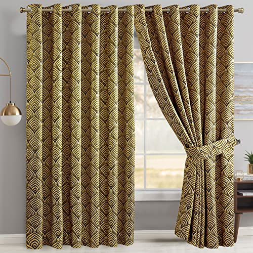 Modern Jacquard Curtain Pair Ring Top Eyelet Fully Lined And Tiebacks Ochre Yellow W 66 x L 90 inches