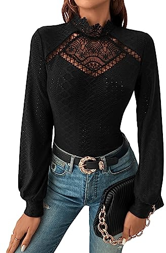 GORGLITTER Haut élégant pour femme avec dentelle - Chemisier traditionnel à manches longues - Chemisier en dentelle - T-shirt d'automne - Col montant, Noir , M