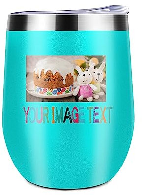 Miujonvy Weinglas Tumbler mit Deckel Eigenes Bild Text Logo Doppelwandig Vakuum Edelstahl Reisebecher für Kalte & Heißgetränke Wein Kaffee CocktailsLight Cyan