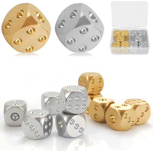 10 Stücke Metall Würfel Sets, Aluminium/Kupfer Würfel, Sechsseitige Würfel-Spiel-Würfel-Würfel, Standard D6 runder Winkel, 15mm (Gold, Silber)