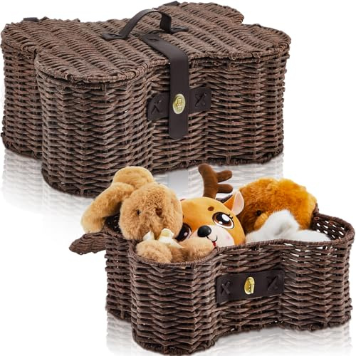 Barydat 2 Set Large Small Dog Toy Basket with Lid Bone Shaped Basket for Dog Natural Wicker Woven Handmade Pet Puppy Toy Organizer and Storage Box Bin for Cats(Wicker,Dark Brown)