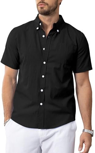 NANAMEEI Chemise Boutonné Homme Chemise Lin Homme Regular Fit Chemise de Plage Eté Chemise Décontractée Homme Noir 3XL