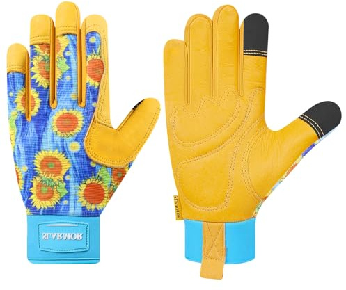 SLARMOR Gartenhandschuhe Damen Dornensicher touchscreenfähig aus Rindsleder Atmungsaktive Arbeitshandschuhe mit Griff langlebiges Gartenzubehör Ideal für Frauen
