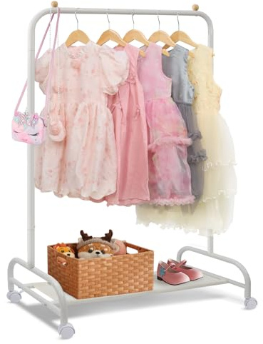YGJT Kids Clothing Rack, Baby Clothes Racks for Hanging Clothes with Wheels and Bottom Storage Shelf, Small Toddler Garment Rack Kids Dress Up Storage Wardrobe for Coats, Skirts, Dance Costume(White)