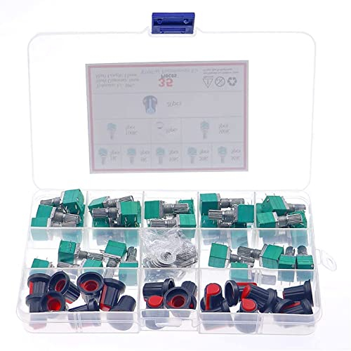 SFJSFIMQ Potentiometer 35 Stück/Box Single Linked Potentiometer mit Schalter Audio Sealing Potentiometer Kit Set 1K/5K/10K/50K/100K/500K mit Knopf