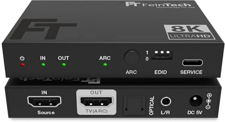 FeinTech AX210 HDMI 2.1 Audio Extractor 4K 120Hz 8K VRR ALLM, HDMI Out + audio (ottico Toslink 5.1 + AUX Stereo), pass CEC e supporto ARC da TV a sistema audio