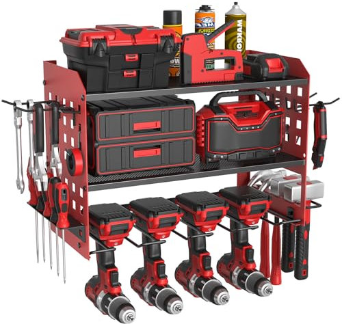 Yeabett Support mural à 3 niveaux pour outils électriques, rangement pour 4 outils électriques, pour garage, atelier, 63 x 20 x 24 cm (rouge)