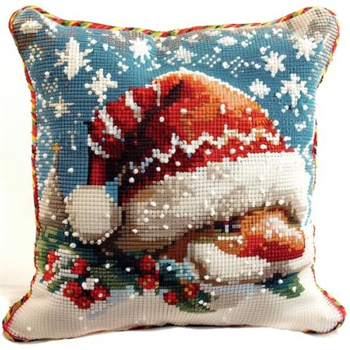 Lfynior Kit Coussin Point de Croix Noël Coussin de Broderie 45X45cm Coussin Brodé avec Fil et Aiguille à Broder Décoration Point de Croix Complet Broderie Pré-imprimé DIY pour Adulte la Chambre