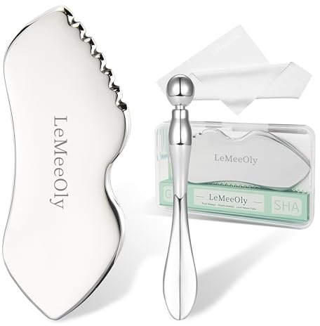 LeMeeOly 2Pcs Gua Sha Facial Tools Stainless Steel, Detailer GuaSha Set for Face Neck, Natural Skin Care Metal Gua Sha Lymphatic Drainage Face Massage Tool (Guasha & Eye Cream Applicator)