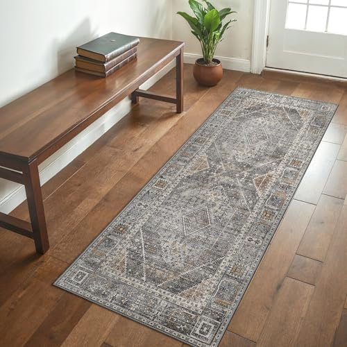 GENIMO Rug Washable Rugs Runner Rug 80x200CM,Oriental Ethnic Pattern Short Pile Boho Carpet with Non Slip Backing for Hallway,Kitchen Corridor Staircases, Grey,