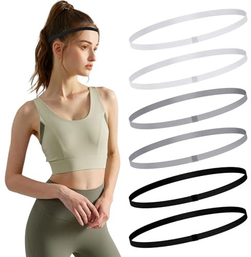 6 Stück athletisches Sport-Stirnband, elastische, dünne Haarbänder, rutschfester Silikongriff, Skinny, Yoga, Übung, Fußball, Schweißband, Kopfbedeckung für Damen und Herren (6 Stück – Schwarz + Weiß +