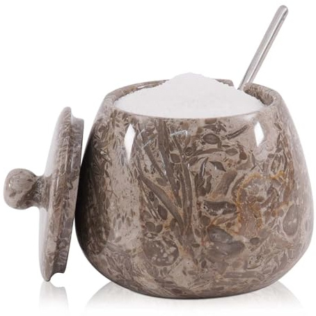 Marmor saltkällare med lock 10 cm handgjord havs-saltbehållare för bänkskiva, saltlåda, salthållare med lock och sked, salt och pepparbehållare, saltkällare