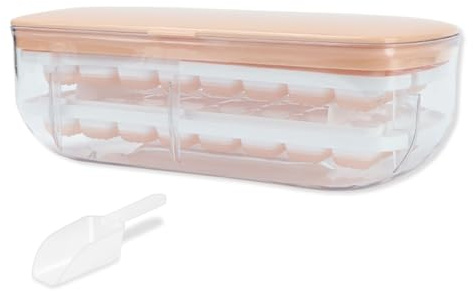Ice Cube Tray, Ice Cube Moulds with Lid, Ice Tray with Storage Bin - Making 64 pcs Ice Cubes, Easy Press to Release Ice - 2 Trays 1 Ice Bucket & Scoop for Freezer, Cocktail, Whiskey, Coffee (Pink)