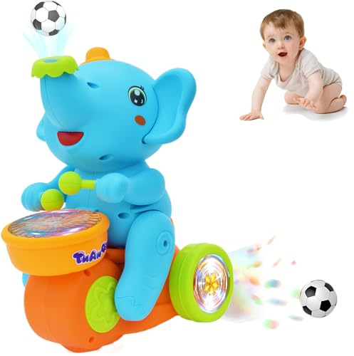 Elefante che striscia, giocattolo musicale a forma di elefante che cammina, con suono e luci LED, suonando la batteria e la palla che soffia, giocattoli per la pancia dei bambini, regali per ragazzo e