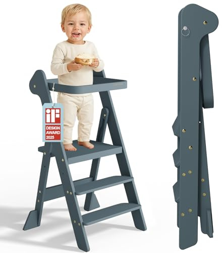 COSYLAND Torre Montessoriana Pieghevole – Torretta Montessoriana Regolabile con Design Premiato IF, Sicura, Pieghevole e Ideale per Attività di Apprendimento in Cucina e Bagno (Blu Ardesia)