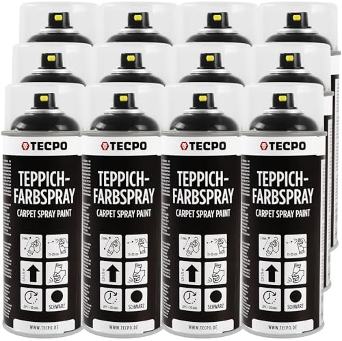TECPO Spray de pintura para alfombras, 12 x 400 ml, pintura textil, color negro, para alfombras, felpudos, techo, tela, goma, plástico, tratamiento interior