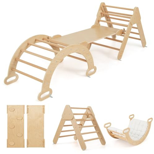 HOMASIS 4 in 1 Kletterdreieck mit Rutsche, Wippe, Kletterbogen & Leiter, Holz Klettergerüst mit doppelseitige Rampe, Sprossendreieck Kletterspielzeug Spielplatz für ab 1 Jahr (Natur, with Kissen)
