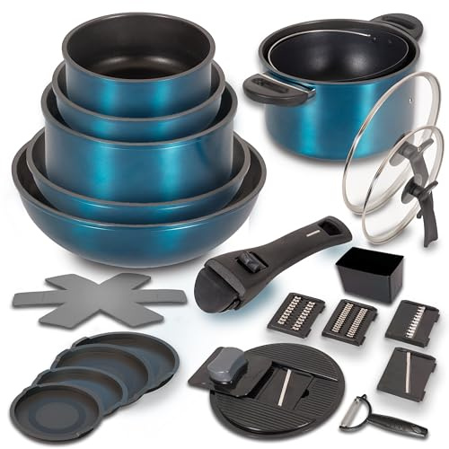 Batería Apilable KELTON Antiadherente 27 piezas 2 Sartenes, 2 Cazos, Olla+Colador, Wok, Mango extraíble. 2 Tapas vidrio+4 silicona+Set de Corte+5 Protectores. Todo tipo de cocinas, horno, lavavajillas