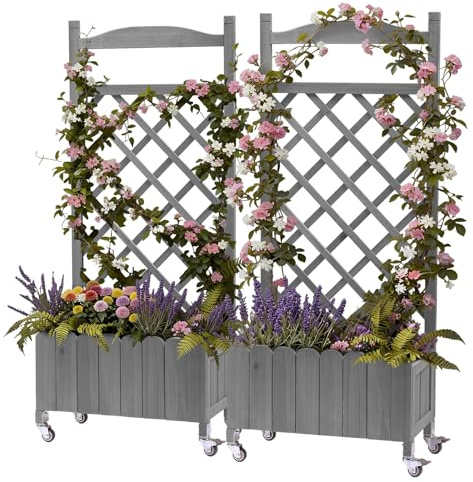 2 x Rankgitter Pflanzkasten mit Rollen, Holz Hochbeet mit Spalier, wetterbeständiger Pflanzenkübel mit Drainagelöchern, mobiler Blumenkasten für Garten, Balkon & Terrasse, 49x28x116cm, 2stk.-GRAU