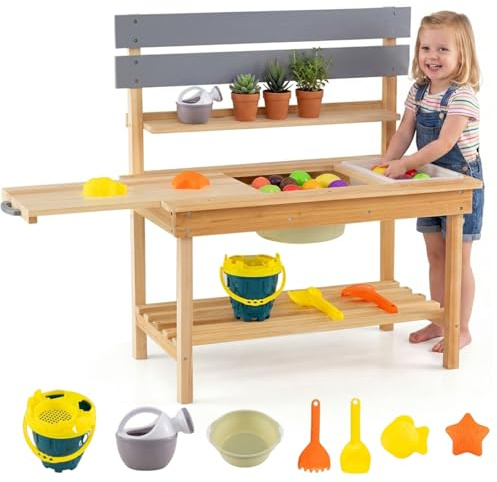 Maxmass Kids Mud Kitchen, Outdoor Toddler Toy Kitchen with Sink, Basin, Watering Can, 2 Molds, Garden Potting Bench Backyard Children Role Play Kitchen Pretend Toy for 3+ Boys Girls