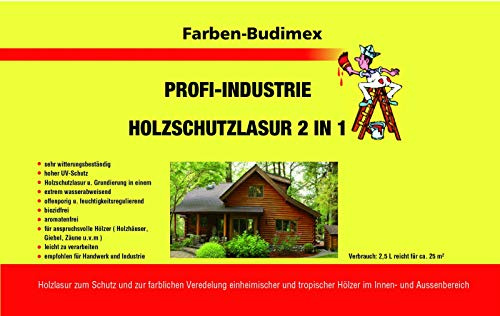 Farben-Budimex Holzlasur, Nussbaum / 5 L/Holzschutzlasur auf Kunstharzbasis (lösemittelhaltig) / extrem wetterbeständig/mit Langzeitschutz/für aussen/seidenglänzend /