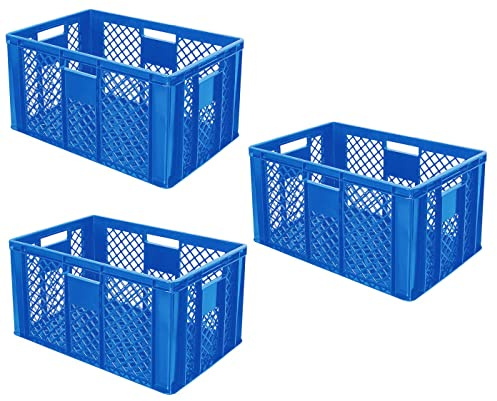 BRB 3x Eurobehälter durchbrochen, Stapelkorb, Industriequalität, lebensmittelecht, 600x400x320 mm (blau)